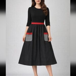 Fully Lined Size 40 Black Dress with Red Accents and Houndstooth Pockets